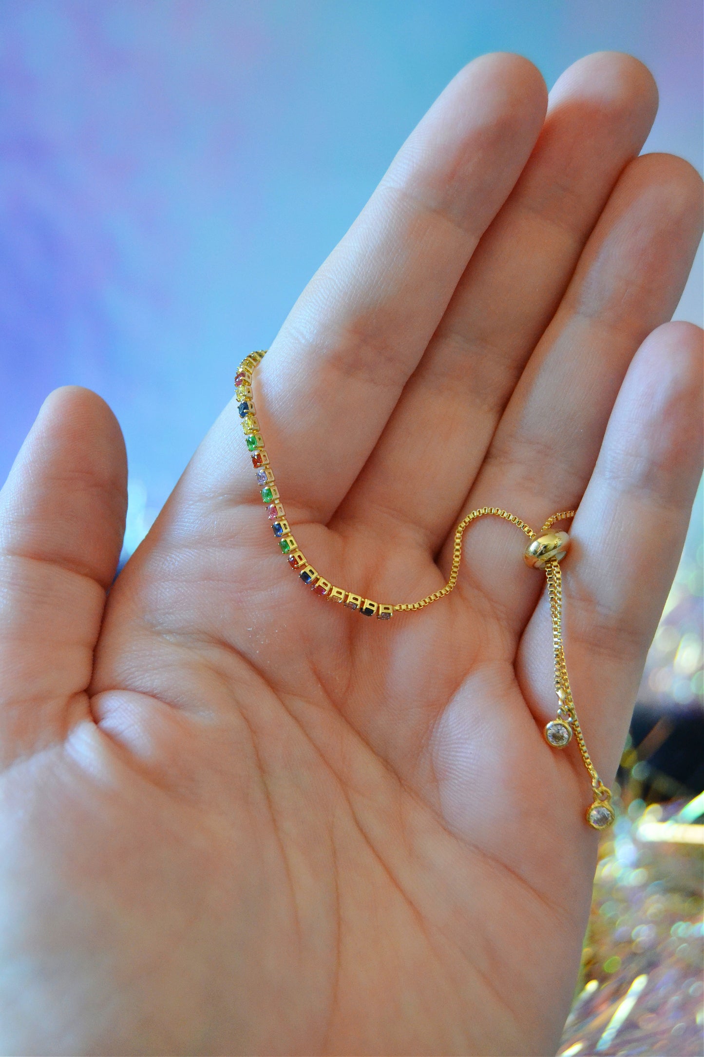 Gold-Plated Rainbow Crystal Tennis Bracelet