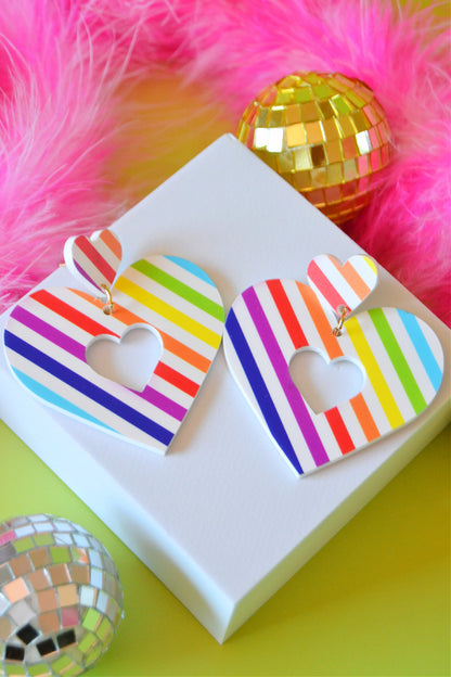 Rainbow Stripe Mod Heart Hoops