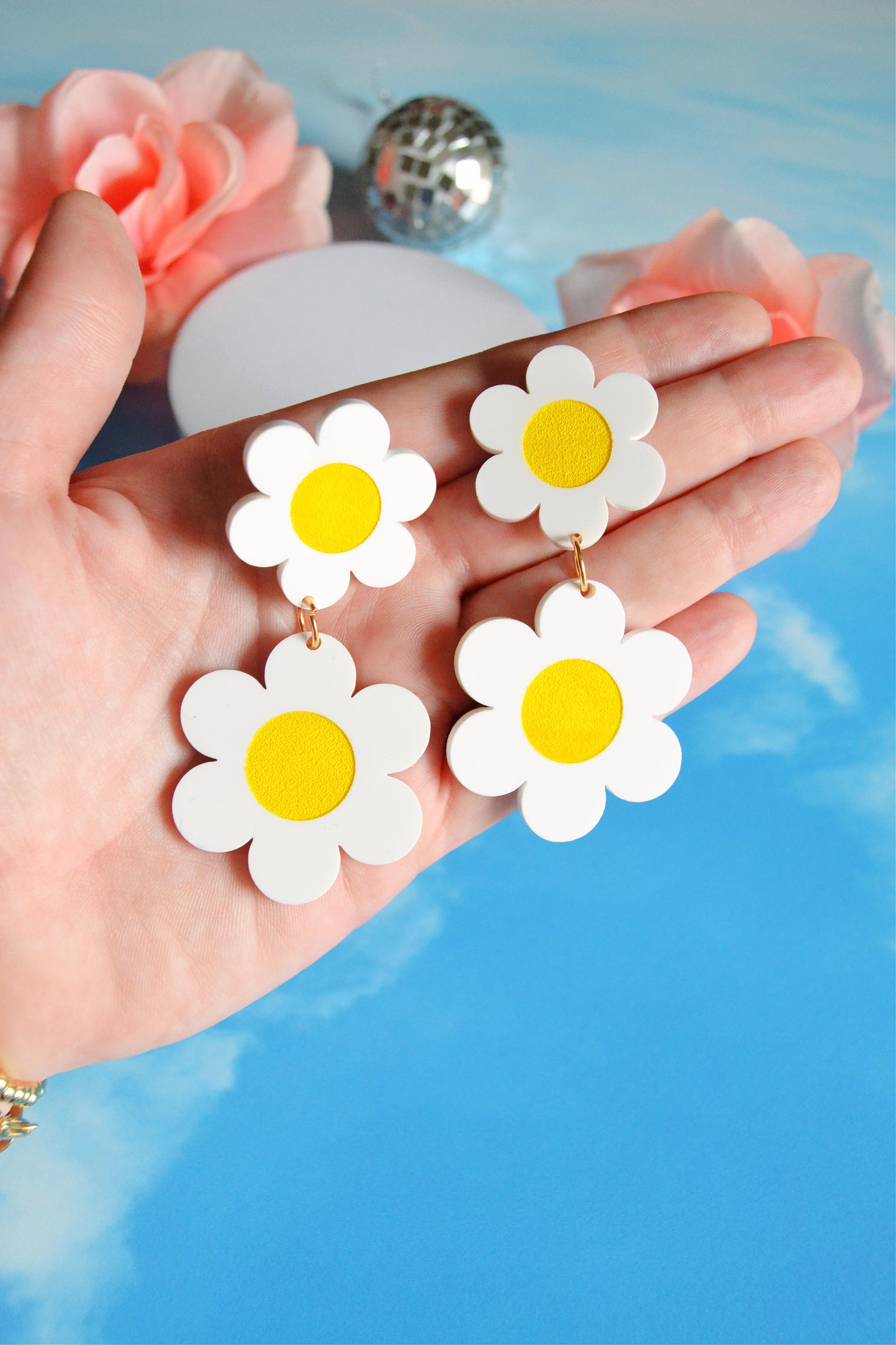 White Double Daisy Earrings