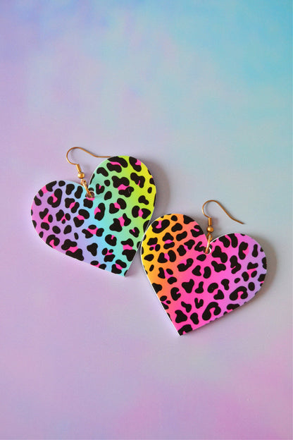 Rainbow Cheetah Heart Earrings