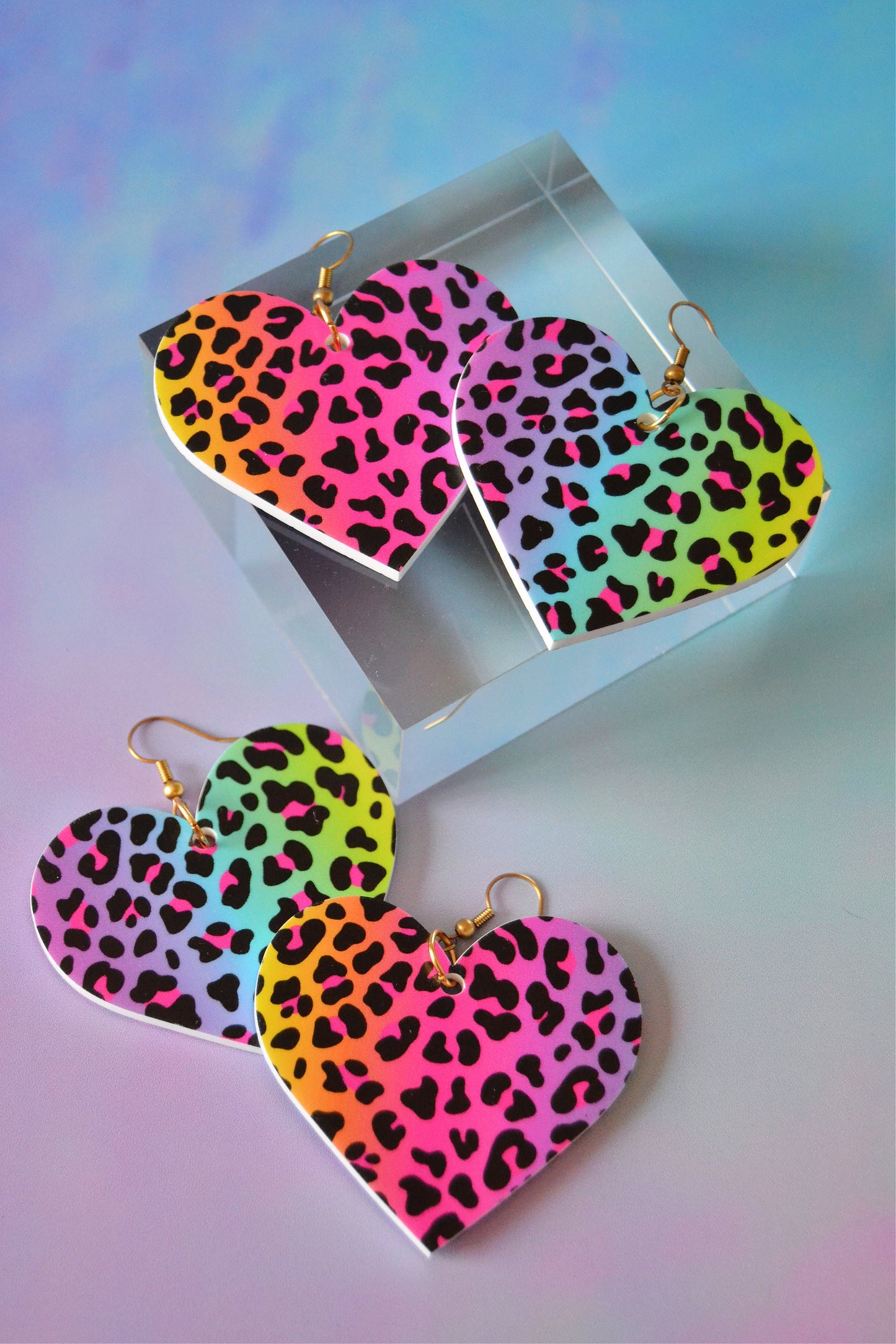 Rainbow Cheetah Heart Earrings