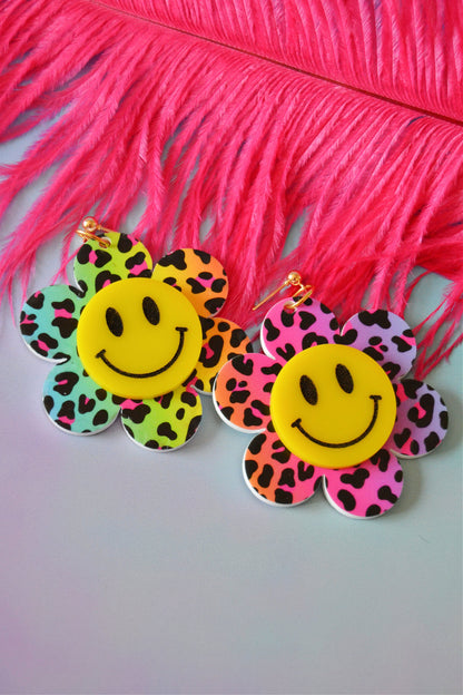 Rainbow Cheetah Smiley Earrings