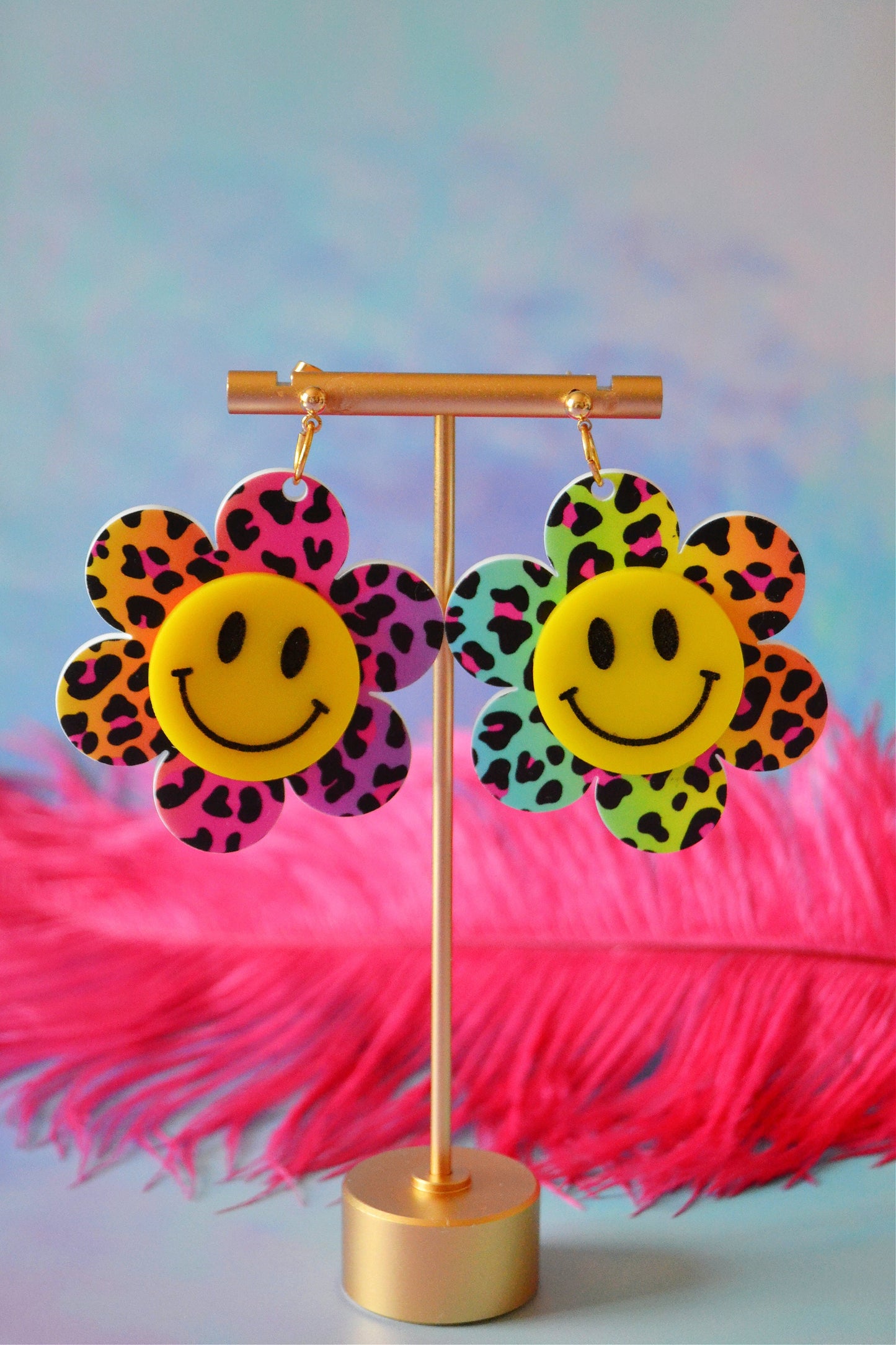 Rainbow Cheetah Smiley Earrings