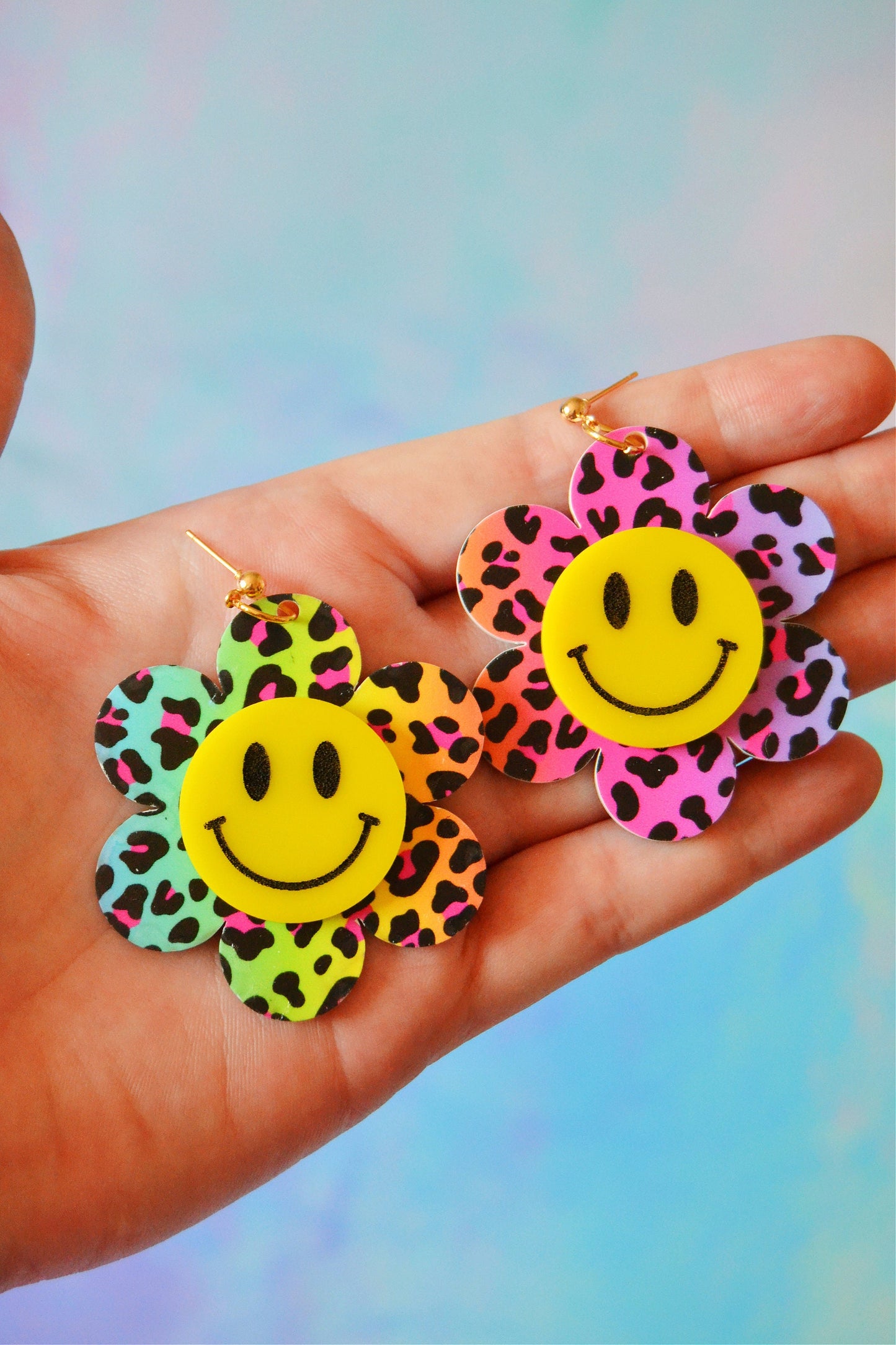 Rainbow Cheetah Smiley Earrings
